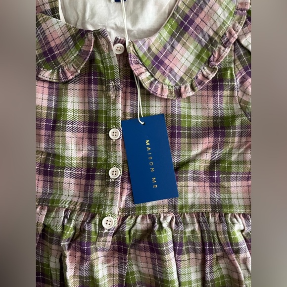 NWT Maison Me Girls Purple, Pink, and Green Plaid Flannel Dress - Size 8 - Picture 2 of 7